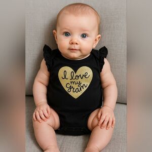 I Love My Gram Black Gold Bodysuit Baby Girls 3M Ruffle Sleeve Romper One Piece
